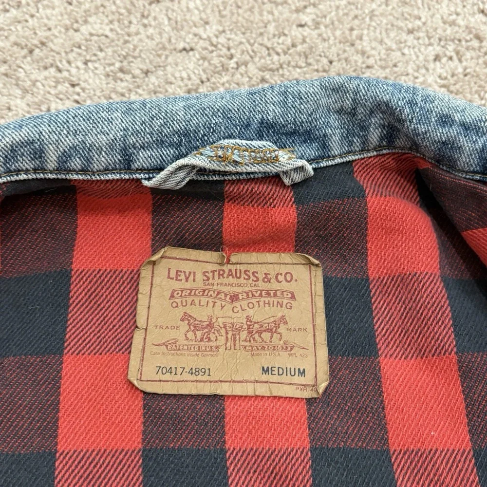 Vintage 90s Levis Denim Jacket Mens Medium Plaid Lined Trucker 70417-4891 USA